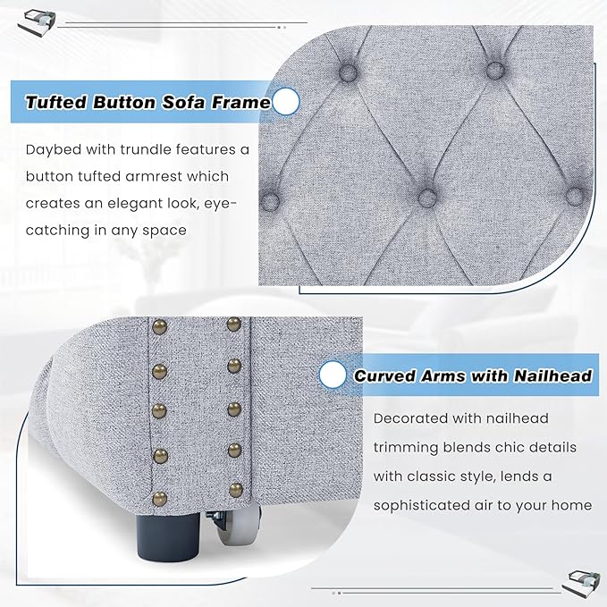 Daybed with Trundle, Modern Upholstered Full Size Day Bed Button-Tufted Sofa Daybed Frame with A Roll-Out Trundle, No Box Spring Needed, Furniture for Bedroom Living Room Guest Room (Light Grey, Full)