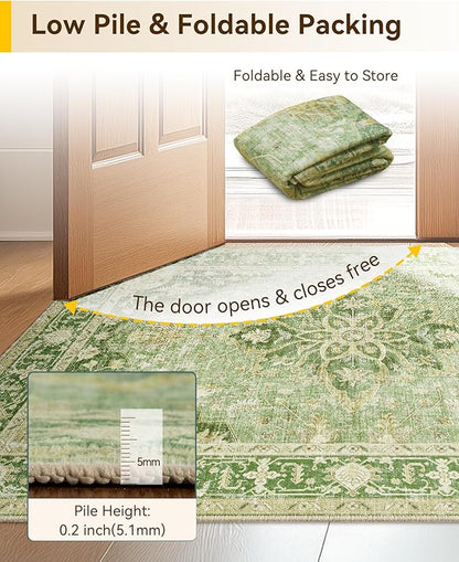 Area Rugs 2'x3' Washable Non-Slip, Floral Vintage Distress Print Pattern Medallion Carpet for Living Room Bedroom Dining Room, Sage Green Yellow