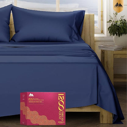 Mayfair Linen 100% Egyptian Cotton Sheets King Size - 1200 Thread Count King Size Sheets Set Egyptian Cotton, 4 PC Luxury Bedsheet (Navy Blue), Soft, Cooling, 17" Deep Pocket Sateen Weave Bedsheet Set
