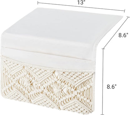 Mkono Macrame Bedside Caddy Storage Organizer Boho Remote Control Tablet Magazine Holder with 4 Pockets Non-slip Countertop Bedside Caddy for Home Bedroom Living Room College Dorm Bed, Ivory