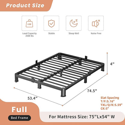 4 Inch Full Heavy Duty 3500 lbs Bed Frame with Round-Corner Legs & Anti-Squeak Design – Quick Assembly Metal Platform, No Box Spring Needed