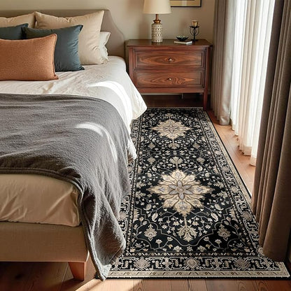 Area Rugs 3'x7' Washable Non-Slip, Floral Vintage Distress Print Pattern Medallion Carpet for Living Room Bedroom Dining Room, Black Brown Neutral Dark Tan