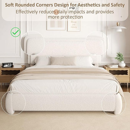Queen Size Bed Frame with Adjustable Headboard, Boucle Upholstered Platform Bed with Wood Slats, Anti-Collision Soft Rounded Corners, No Box Spring Needed, Noise-Free, Easy Assembly