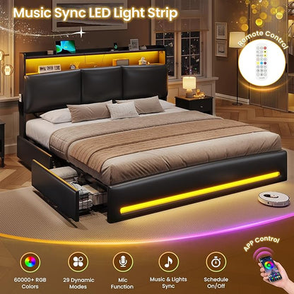 VIAGDO King Bed Frame with Storage Headboard and Charging Station, Leather Upholstered Bed Frame King Size with 4 Drawers and LED Lights, Type C and USB, No Box Spring Needed, Black