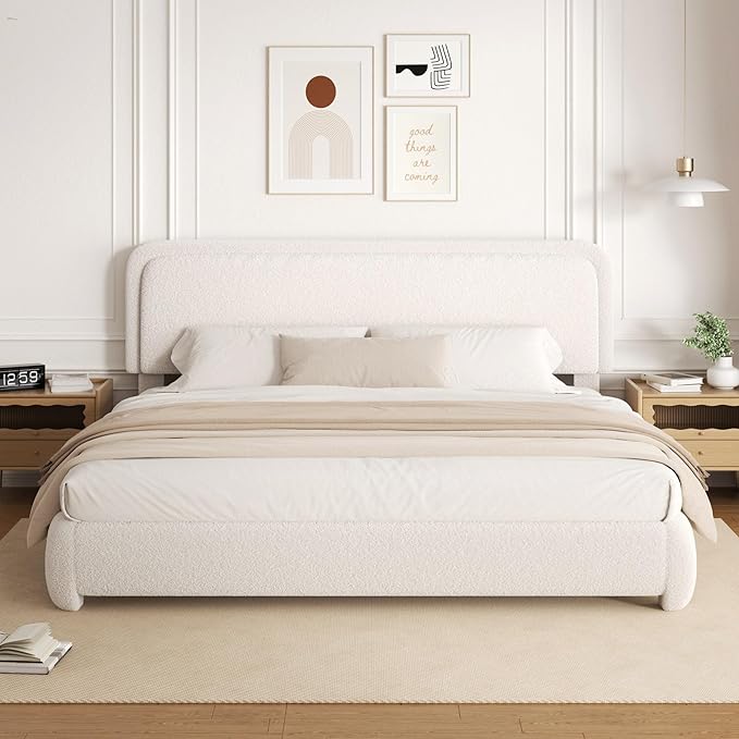 King Size Boucle Bed Frame, Upholstered Cloud Platform Bed Frame with Headboard, Anti-Collision Soft Rounded Corners, No Box Spring Required, Easy Assembly, Noise Free, Adjustable Headboard