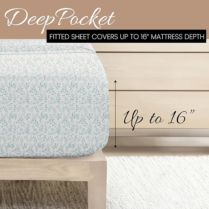 Linen Market Double-Brushed Patterned Microfiber California King Sheet Set 4 Piece – Oeko-TEX Certified Ultra Soft & Wrinkle-Free - 16" Deep Pocket Sheets Easy Care Cal-King Size - Vines Light Blue