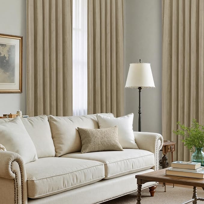 LAMIT Dark Taupe Velvet Curtains for Living Room, 108 Inch Thick Room Darkening Drapes Room Decor Back Tab and Rod Pocket Thermal Panels for Bedroom/Farmhouse, 2 Panels, 52 x 108 Inch