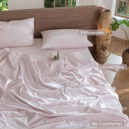 MooMee Striped Duvet Cover Set 100% Washed Cotton Linen Like Textured Breathable Durable Soft Comfy (Heathered Greyish Pink Classic Stripes, Oversized Full 82"x86")