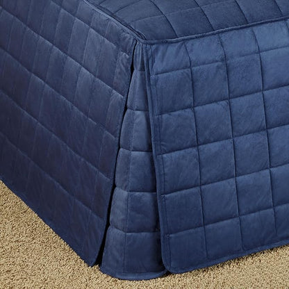 Camden Luxury Bedding | Warm Indigo Color | Fitted Hollywood Daybed Bedding | Faux Suede Box Quilted Design | 5 Piece Set Includes Extra Long Hollywood Cover, 2 Bolster Shams, and 2 Bolster Pillows