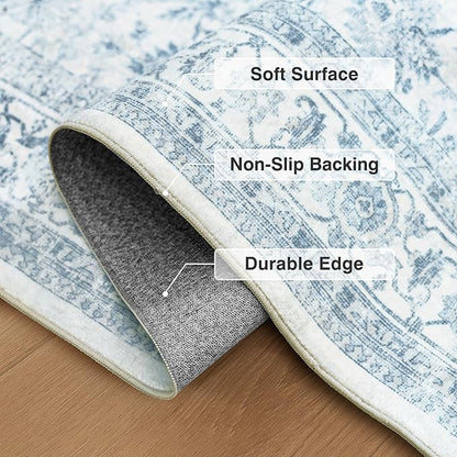 FMFUNCTEX 6x9 Washable Area Rug Blue Vintage Neutral Distressed Large Non Slip Carpet for Living Room Bedroom Soft Low Pile Indoor Mat Retro Floral Throw Rug for Dining Room Kitchen Office Nursery