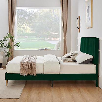 Twin Platform Bed Frame, Velvet Upholstered Bedframe with Vertical Channel Adjustable Headboard, Golden Plating Trim, Mattress Foundation with Wooden Slats, No Box Spring Needed, Green
