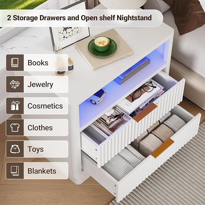 ELYKEN White Nightstand Set of 2 with Charging Station & LED Light, Fluted Bedside Cabinet with 2 Drawers, Wooden End Table with USB & Type-C Port for Bedroom Living Room