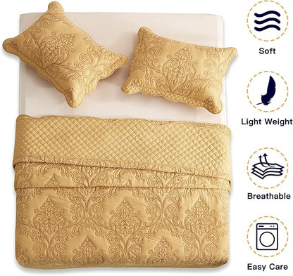 CHIXIN Oversized King Bedspread 128x120 Extra Wide - Lightweight Bedding Cover - Beautiful Stitching - 5 Piece Reversible Bedspread - Luxury Damask Paisley Pattern (King/Cal King, Honey-Gold)