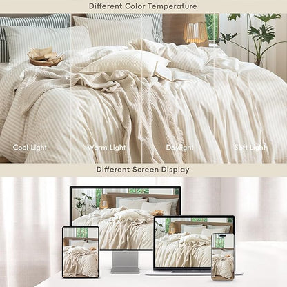 MooMee Striped Duvet Cover Set 100% Washed Cotton Linen Like Textured Breathable Durable Soft Comfy (Almond Milk Grey Classic Stripes, Full 80"x90")