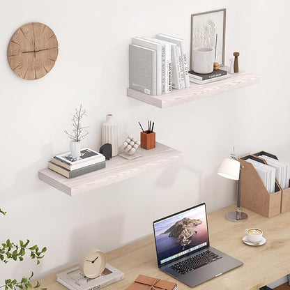 Fun Memories Floating Shelves for Wall, 24 x 9.3 Floating Shelf Wall-Mounted, Rustic Wood Bathroom Shelf Set of 2, Deep Bookshelf Storge Shelves for Living Room, Bedroom, Farmhouse, Brich Color