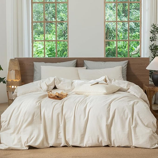 MooMee Striped Duvet Cover Set 100% Washed Cotton Linen Like Textured Breathable Durable Soft Comfy (Almond Milk Grey Pinstripes, Alaska King 132"x120")