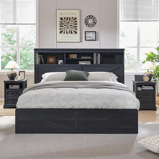 ACCOHOHO King Bed Frame Farmhouse with 52" Storage Bookcase Headboard, 4 Drawers Wooden Bed Frame, LED Light, Charging Station - Black