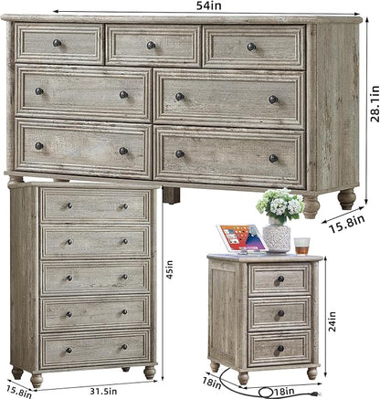 Farmhouse Dressers & Night Stand Set of 4, Wood 54" Wide Dresser & 45" Tall Chest of Drawers, 18" with Charging Station Nightstand Set of 2, Bedroom Furniture Dresser Set for Home Living Room Hallway