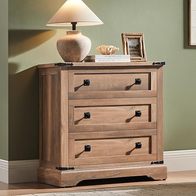 T4TREAM 32" Farmhouse Nightstand with Charging Station, Large End Table with 3 Storage Drawers, Rustic Wood Bedside Table for Bedroom, Living Room, Rustic Oak