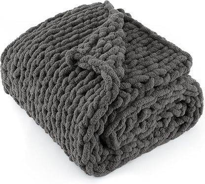 Chunky Knit Throw Blanket 50"X 60", 100% Handmade with Soft Chenille Yarn, 4.4lbs Thick Cable Knitted Blankets, Large Rope Knot Crochet Throws for Couch Sofa Bed Home Decor, Dark Grey