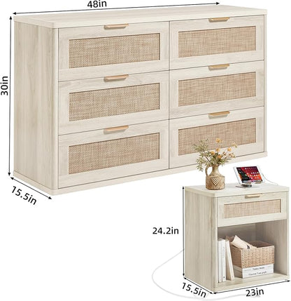 LEYAOYAO Rattan Dresser and Nightstand Sets 3 Piece, Boho Wood Dresser for Bedroom with 6 Drawers and Night Stand with Charging Station, Bedroom Furniture, Dressers & Chests of Drawers, Living Room