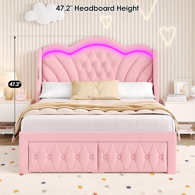 Keyluv Full Bed Frame with LED Lights and 2 Storage Drawers, Velvet Upholstered Platform with 47" Tall Arc-Shaped Wingback Headboard and Button Tufted Design, No Box Spring Needed, Noise-Free, Pink