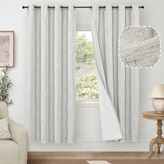 100% Blackout Curtains for Living Room 72 Inch Length 2 Panels Set, Thermal Insulated Light Blocking Boho Faux Linen Window Curtains for Bedroom, Bronze Grommet, Each 52" Wide, Light Grey