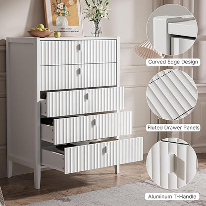 5 Drawer Dresser, Modern Chest of Drawers for Bedroom, Wood Fluted Dresser Organizer with Deep Drawers for Clothes, Nightstand for Bedroom, Hallway, Living Room, Entryway, White