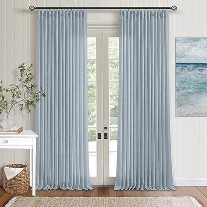 Dusty Blue Linen Pinch Pleated Curtains 108 Inches Long 2 Panels for Living Room Bedroom Light Filtering Drapes 108 Inch Length Sky Grey Blue Semi Sheer Memory Shape Trained Ceiling Floor Curtain