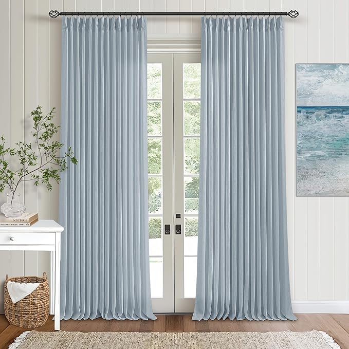 Blue Grey 90 Inch Linen Curtains Pinch Pleated for Living Room Bedroom Dining Boho Coastal Light Filtering Pinch Pleat Drapes Hooks Rings Back Tab Semi Sheer Dusty Blue Window Curtains 2 Panels