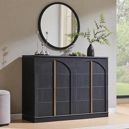 ACCOHOHO Large Dresser for Bedroom with 8 Drawers with Arched Panel,Modern Minimalist Chest of Drawers with Gold Handles,Wood Storage Closet Dressers Tv Stand for Living Room, Hallway,Black