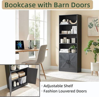RWYHG 70in Tall Bookshelf 6 Tier Bookcase with Barn Doors and Adjustable Shelf, Black Farmhouse Book Shelves with Storage Cabinet,Wood Floor Standing Display Bookshelve for Bedroom,Living Room,Kitchen