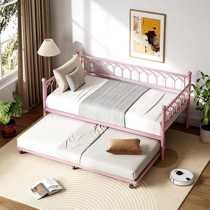 GarveeHome Twin Size Metal Roll Out Trundle Bed Frame with Wheels and Slats Support, Pink
