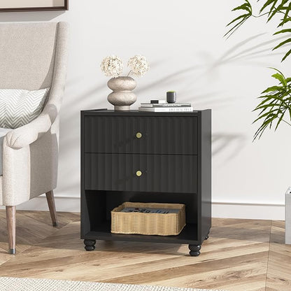 Modern Nightstand, Fluted End Table with 2 Drawers, Nightstand with Open Shelf for Bedroom (1, Black)