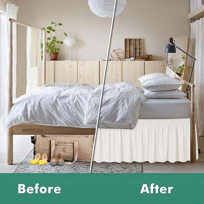 Biscaynebay Wrap Around Bed Skirts with Split Corners for King Beds 18" Drop, Ivory Adjustable Elastic Dust Ruffles Easy Fit Wrinkle Resistant Silky Luxurious Fabric Machine Washable