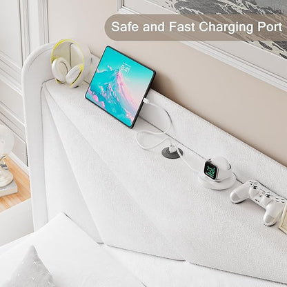 Twin Size Upholstered Bed Frame with Charging Station, Platform Bed Frame with Storage Headboard, Solid Wood Slats Support, No Box Spring Needed, White