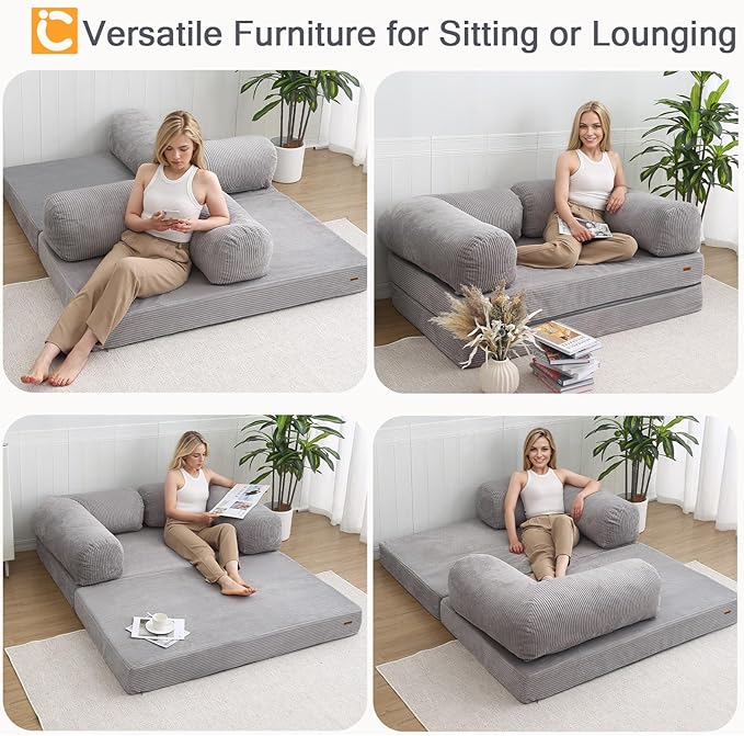 COMAX Folding Sofa Bed Queen, 4-in-1 Foldable Floor Couch Convertible Futon Sofa with Armrests Sleeper Mattress Chair Bed Comfy Portable Fold Out Lounge Guest for Living Room Bedroom, Light Grey