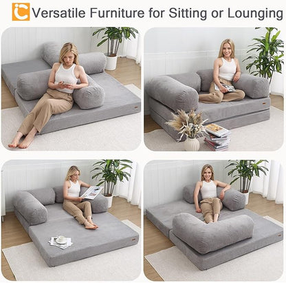 COMAX Folding Sofa Bed Queen, 4-in-1 Foldable Floor Couch Convertible Futon Sofa with Armrests Sleeper Mattress Chair Bed Comfy Portable Fold Out Lounge Guest for Living Room Bedroom, Light Grey