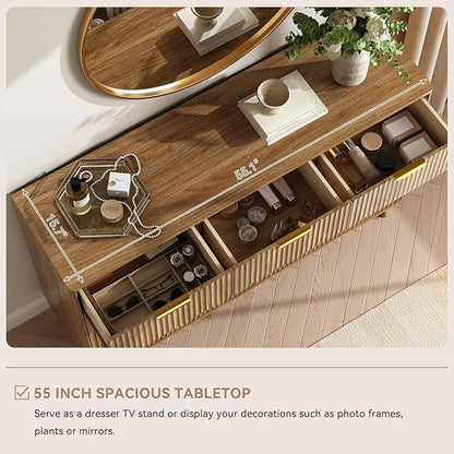 CARPETNAL Fluted 7 Drawer Dresser for Bedroom, 55" Wide Wooden Chest of Drawers with Rounded Corners, Gold Handles, Modern Storage Organizer for Bedroom, Hallway(Walnut)