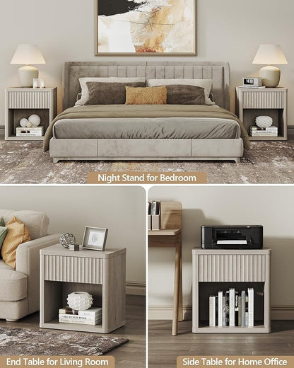 SICOTAS Night Stand Set of 2 Nightstands with Drawer Storage Fluted Bed Side Table End Table Large Modern Wide Bedside Stand Mid Century Night Stands for Bedroom Living Room Sofa Office, White Alder