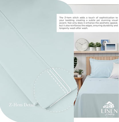 Linen Home 100% Cotton Percale Sheets King Size, Blue Duck Egg, Deep Pocket, 4 Pieces Set - 1 Flat, 1 Deep Pocket Fitted Sheet and 2 Pillowcases, Crisp Cool and Strong Bed Linen