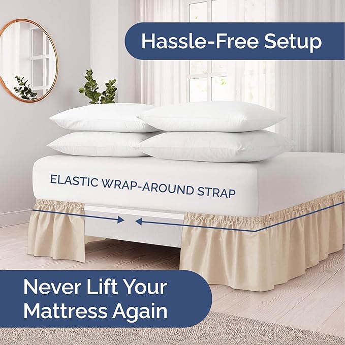 Wrap Around Dust Ruffle Bed Skirt - Cream - Twin/Twin XL Size Beds with 18 Inch Drop - Easy Fit Elastic Strap - Adjustable Pleated Bedskirt w/Brushed Fabric - Wrinkle Free - Women, Men, Kids & Teens