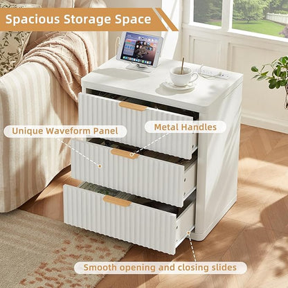 LEYAOYAO 23" Wide Fluted Farmhouse Night Stand Set of 2 with Charging Station, 3 Drawers Large End Table w/Metal Handle,White Nightstand Bedside Table,Wood Dresser for Bedroom, Closet