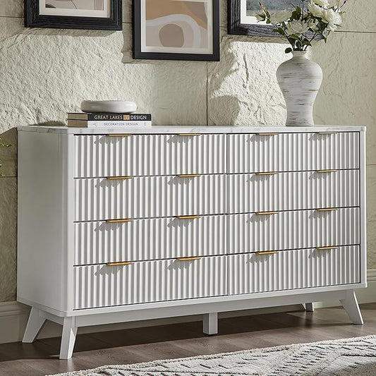 T4TREAM Fluted 8 Drawers Dresser, 54" Wide Modern Chest of Drawers with Faux Marble Top, Curved Profile Design, Dresser TV Stand, Wood Drawer Organizer for Bedroom, Living Room, Hallway, Solid White