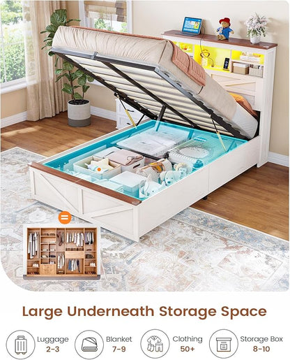 AOGLLATI Farmhouse Twin Bed Frame with Lift Up Storage & Hidden Bookcase Storage Headbord, Wood Bed Frame Twin with Charging Station, Led Lights, No Box Spring Needed, Antique White