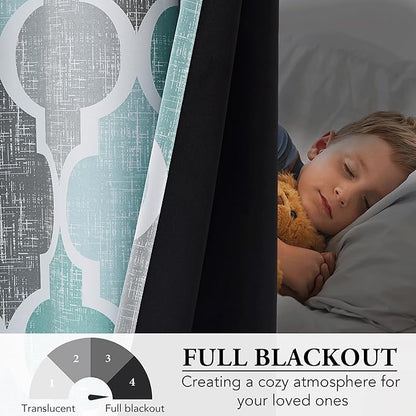 Beauoop 100% Blackout Curtains 63 Inches Long 2 Panels for Bedroom Living Room Aqua Grey Moroccan Geo Room Darkening Thermal Insulated Soundproof Rod Pocket Back Tab Window Treatments Drapes, 50x63