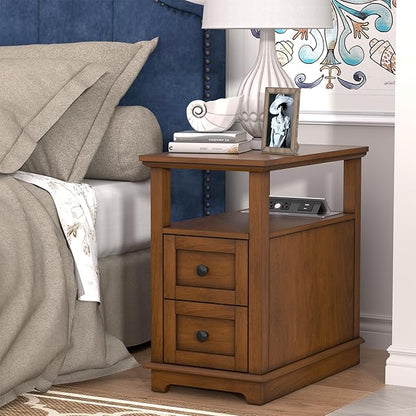 HIFYOBRO 2 Drawers End Table with Flip Top Charging Station, Type-C & USB Port & Power outlets, Wooden Nightstand, Side Table with Storage for Living Room and Bedroom