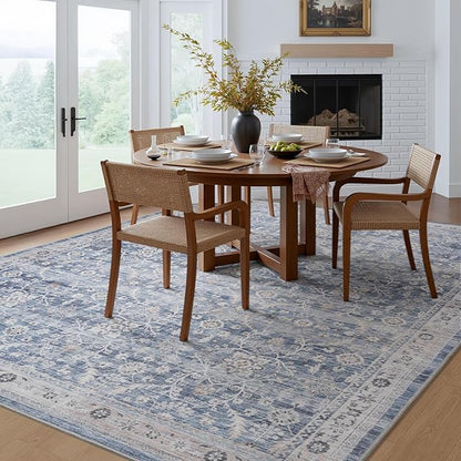 MontVoo-Vintage Area Rug 9X12 Blue Rugs for Living Room-Soft Distressed Printed Rugs for Bedroom-Non Slip Carpet-Machine Washable Rug for Dining Room Living Room Bedside Office