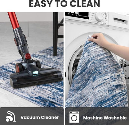 3' Washable Round Rug for Entryway, Navy Blue Gray Neutral Multi Soft Non-Slip Area Rugs Modern Abstract Low-Pile Carpet, Neutral Vintage Circle Rugs for Living Room Dining Bedroom Foyer