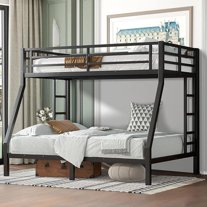 Twin Over Full Bunk Bed Frame, Heavy Duty Metal Loft Bed for Adults/Teens, 250/350LB Capacity w/Ladder & Guardrail, Noise-Free Steel Slats, No Box Spring Required, Black